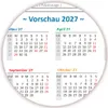 A circular image showing a calendar preview for 2027, with sections for March, April, September, and October. Produktbild-Vorschau