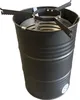 A black metal barrel-shaped stove with a metal grate and supports on top. Produktbild-Vorschau