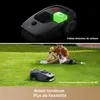A split image showing a robotic lawnmower with a battery indicator and a person relaxing with a dog on a lawn. Produktbild-Vorschau