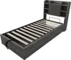 A grey wooden single bed frame with a bookshelf headboard and storage drawers. Produktbild-Vorschau