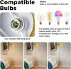 A collage of images showing a lamp base, different types of light bulbs, and a floor lamp in a bedroom setting. Produktbild-Vorschau