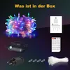 A collection of items related to LED string lights, including the lights themselves, a remote control, a power adapter, and instructions. Produktbild-Vorschau