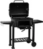 A black charcoal grill with its lid open, displayed on a white background. Produktbild-Vorschau