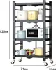 A multi-tiered black metal kitchen cart with various appliances and kitchenware on its shelves, with dimensions indicated by text overlays. Produktbild-Vorschau