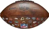 A close-up, studio shot of a brown American football with multiple NFL team logos printed around it. Náhľad obrázku produktu
