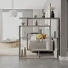 A modern living room with a bookshelf room divider, sofa, and coffee table. Produktbild-Vorschau