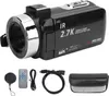 A black digital camcorder and its accessories are displayed on a white background. Produktbild-Vorschau