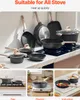 A collage of images showcasing a cookware set on different stovetops and in use. Anteprima dell’immagine prodotto