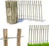 A collage of images showing a roll of wooden fencing, a close-up of how the fencing is attached to posts, and a section of the fencing installed with grass. Produktbild-Vorschau