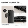 Marketing image showing details of a black radiator. Produktbild-Vorschau