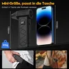 A comparison of a small electronic device with a smartphone, showing its size and portability. Also includes lifestyle shots of the device being placed in a pocket and a backpack. Produktbild-Vorschau