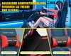 A collage of images showing a person using a racing simulator, and close-ups of a gaming chair with its accessories. Produktbild-Vorschau