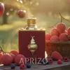 A perfume bottle is displayed outdoors with fruits and a basket. Voir les images du produit