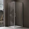 A modern shower cabin with a glass enclosure and silver fixtures, set against a dark wall and a window showing a natural landscape. Produktbild-Vorschau