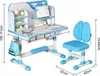 A blue and white children's desk and chair set, with dimensions indicated by measurement lines and numbers. Produktbild-Vorschau