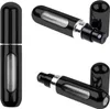Multiple views of a black perfume atomizer with a silver band and a clear window to see the liquid level. Náhled obrázku produktu