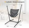 A hammock chair with a stand, with dimensions indicated by text overlays. Náhled obrázku produktu