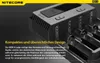 Close-up marketing image of a Nitecore battery charger with text overlay describing its features. Produktbild-Vorschau