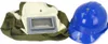 A blue hard hat and a sandblasting hood are displayed side-by-side on a white background. Náhled obrázku produktu
