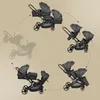 A circular diagram showing the different configurations of a twin stroller. Produktbild-Vorschau