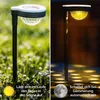 A split image showing a solar garden light in daylight and at night, with text overlays describing its features. Náhľad obrázku produktu