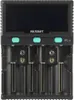 A front view of a black battery charger with a screen and multiple slots for batteries. Produktbild-Vorschau