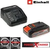 A promotional collage of an Einhell Power X-Change battery charger and battery, with warranty badges and branding. Produktbild-Vorschau