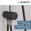 Close-up of a black and chrome shower diverter with text overlays describing its features. Produktbild-Vorschau