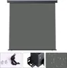 A grey retractable side awning is shown against a white background. Three smaller inset images show accessories, mounting hardware, and a close-up of the fabric with water droplets. Produktbild-Vorschau