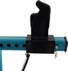 A close-up view of a black metal bracket attached to a teal metal bar with holes. Produktbild-Vorschau
