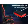 A gaming chair with a focus on its retractable footrest, which is shown extended with dimensions indicated. Produktbild-Vorschau