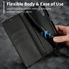 A hand is shown demonstrating the flexibility of a black phone case, which is part of a wallet-style case. The wallet is open, showing card slots. Produktbild-Vorschau
