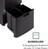 A close-up view of a black multi-compartment trash bin with two pull-out bins visible, next to a larger unit. A graphic icon and text are present on the right side. Produktbild-Vorschau