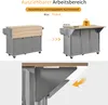 A kitchen island shown in two states: folded and extended, with close-up detail of the extension mechanism. Náhled obrázku produktu