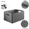 A grey woven storage basket with handles, shown from a slightly elevated front-left angle. Inset images highlight its stackability, handles, and rattan-like texture. Voir les images du produit