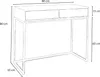 A line drawing of a white desk with a gold frame, showing dimensions. Produktbild-Vorschau