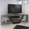 A modern corner TV stand with a flat-screen TV and electronic devices. Produktbild-Vorschau