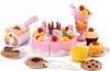 A collection of toy birthday cake and dessert items, including a pink cake, cupcakes, a milkshake, cookies, and a cutting toy. Podgląd zdjęcia produktu