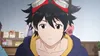An anime character with black hair and goggles on his head looks directly at the camera. Produktbild-Vorschau