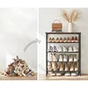 A comparison of a messy pile of shoes to an organized shoe rack. A brown purse and a vase with dried grass are on top of the shoe rack. Náhled obrázku produktu