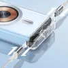 Close-up view of a transparent power bank with a USB-C cable being plugged in, showing internal circuitry and a magnetic charging coil. Produktbild-Vorschau