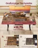 A desk with multiple monitors and a laptop, with text overlays highlighting its features. Produktbild-Vorschau