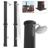 Collage of images showing a black solar outdoor shower, including a close-up of the shower head, a child using a similar shower outdoors, and a detail of the base.