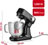A black kitchen mixer with a silver bowl is shown with dimensions and power specifications indicated by text overlays. Produktbild-Vorschau