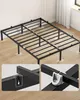A black metal bed frame on a wooden floor, with close-up insets showing assembly details. Náhled obrázku produktu