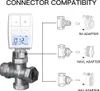 Diagram showing connector compatibility for a smart thermostat with different valve adapters. Podgląd zdjęcia produktu