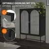 A black display cabinet with glass doors is shown, with close-up insets highlighting its features. Náhľad obrázku produktu