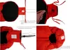 A collage of four images showing how to adjust a red baby bunting bag. Produktbild-Vorschau