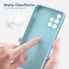 A hand is touching a light blue phone case, highlighting its matte surface and soft grip. Produktbild-Vorschau