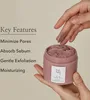 A hand is shown scooping a pinkish-purple mask from a pink jar. Text lists key features of the product. Produktbild-Vorschau